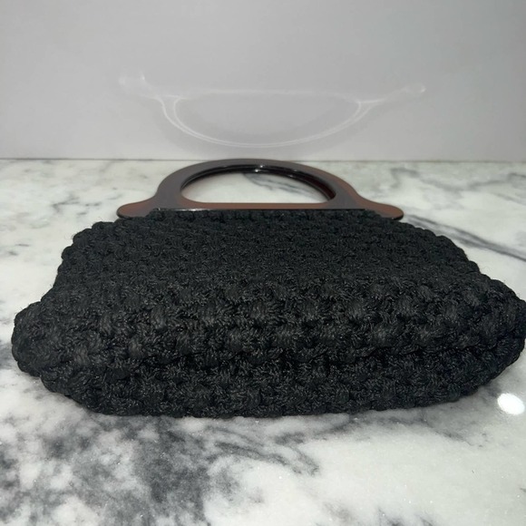 Vintage Macrame Black Lined Knotted Handbag w Plastic Tortoise Shell Handles - Picture 2 of 9